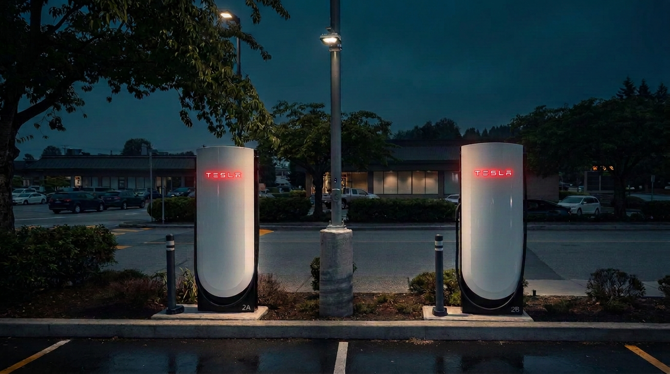 Charging stalls glowing at twilight at a commercial property